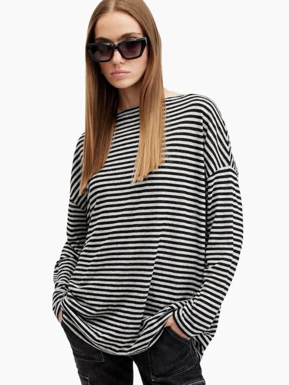 AllSaints Black White Stripe Rita Relaxed Fit Slash Neck Long Sleeve Top Large